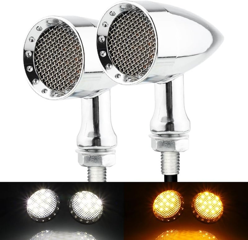 TSUNG 2PCS Motorcycle Bullet LED Front Turn Signal White Amber Light SMD Blinker Indicator for Cruiser Chopper Bobber Cafe Racer Street Bike (SMD-Chrome-White&Amber) - Image 1